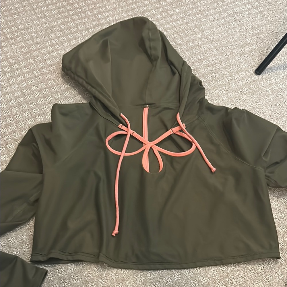 Olive Green Women's Hoodie Sweater with Pink Accents